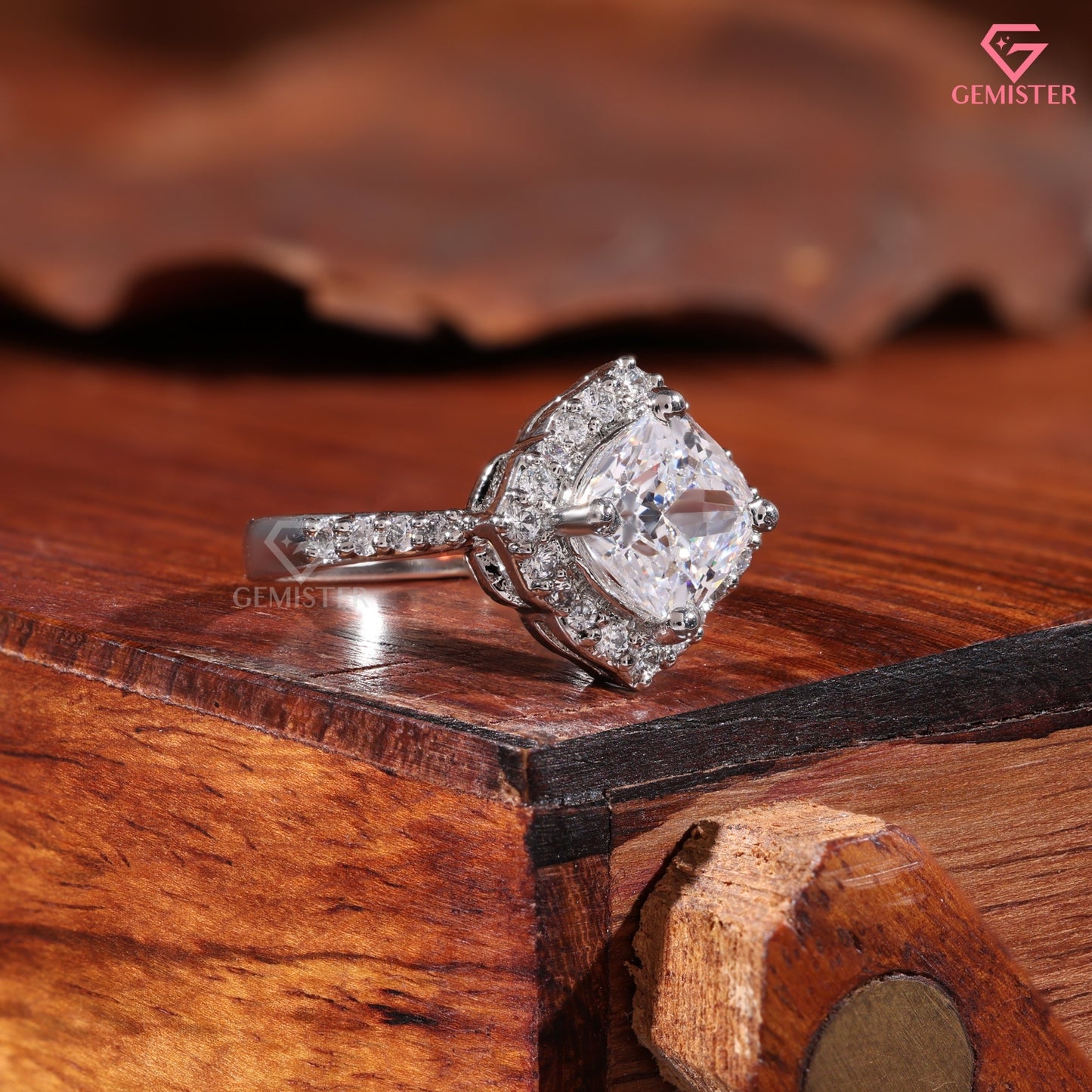 Cushion Cut Moissanite Scalloped Halo Engagement Ring, 14K White Gold Vintage Style Band