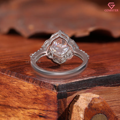 Cushion Cut Moissanite Scalloped Halo Engagement Ring, 14K White Gold Vintage Style Band