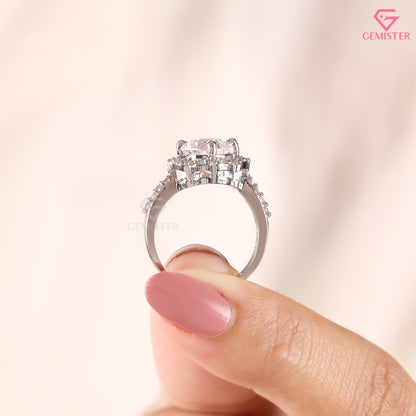 Cushion Cut Moissanite Scalloped Halo Engagement Ring, 14K White Gold Vintage Style Band