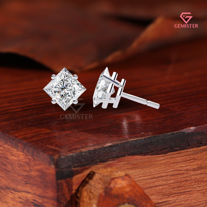 Princess-Cut Moissanite Kite-Set Stud Earrings in 14K Gold