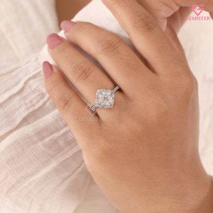 Cushion Cut Moissanite Scalloped Halo Engagement Ring, 14K White Gold Vintage Style Band