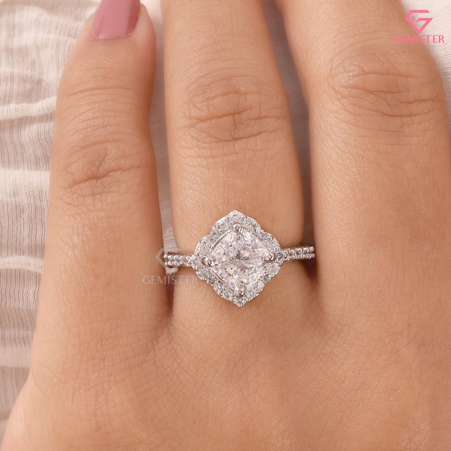 Cushion Cut Moissanite Scalloped Halo Engagement Ring, 14K White Gold Vintage Style Band