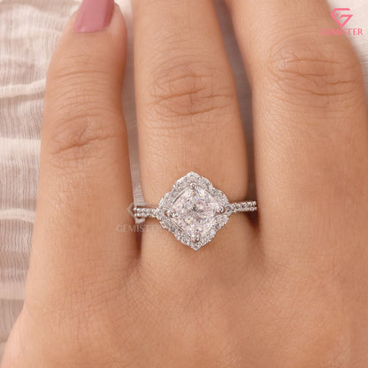 Cushion Cut Moissanite Scalloped Halo Engagement Ring, 14K White Gold Vintage Style Band