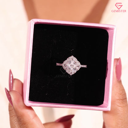 Cushion Cut Moissanite Scalloped Halo Engagement Ring, 14K White Gold Vintage Style Band