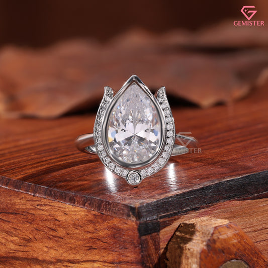 Pear Moissanite Lotus Halo Anniversary Ring, Compass Set Pointed Halo Statement Band