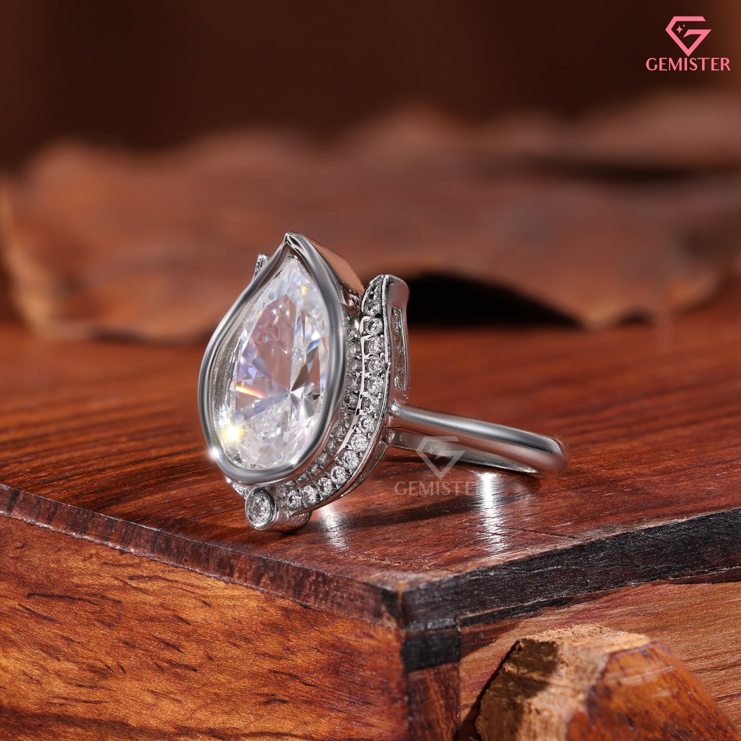 Pear Moissanite Lotus Halo Anniversary Ring, Compass Set Pointed Halo Statement Band