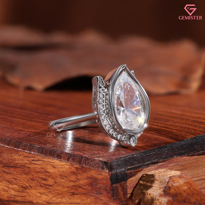 Pear Moissanite Lotus Halo Anniversary Ring, Compass Set Pointed Halo Statement Band