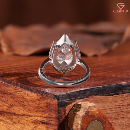 Pear Moissanite Lotus Halo Anniversary Ring, Compass Set Pointed Halo Statement Band