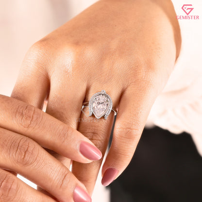 Pear Moissanite Lotus Halo Anniversary Ring, Compass Set Pointed Halo Statement Band