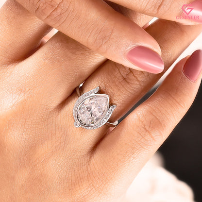 Pear Moissanite Lotus Halo Anniversary Ring, Compass Set Pointed Halo Statement Band
