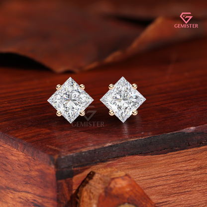 Princess-Cut Moissanite Kite-Set Stud Earrings in 14K Gold