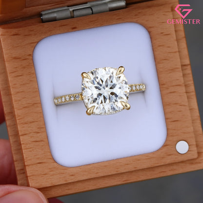 3.53 CT Cushion Cut Moissanite Engagement Ring – Pave Band, Classic Solitaire Bridal Jewelry