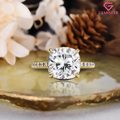 3.53 CT Cushion Cut Moissanite Engagement Ring – Pave Band, Classic Solitaire Bridal Jewelry