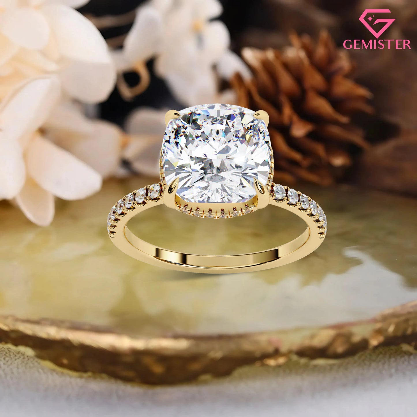 3.53 CT Cushion Cut Moissanite Engagement Ring – Pave Band, Classic Solitaire Bridal Jewelry