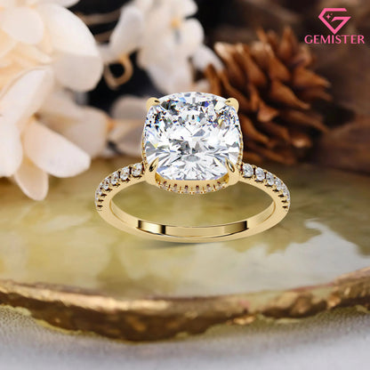 3.53 CT Cushion Cut Moissanite Engagement Ring – Pave Band, Classic Solitaire Bridal Jewelry