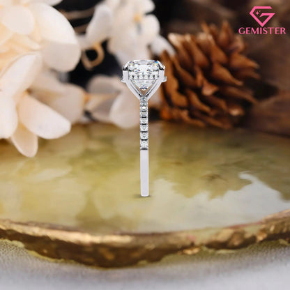 3.53 CT Cushion Cut Moissanite Engagement Ring – Pave Band, Classic Solitaire Bridal Jewelry