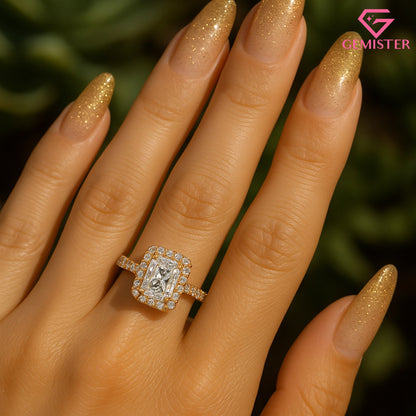 Elegant 2.15 CT Radiant Cut Moissanite Halo Ring – Gold Pave Band, Modern Bridal Jewelry