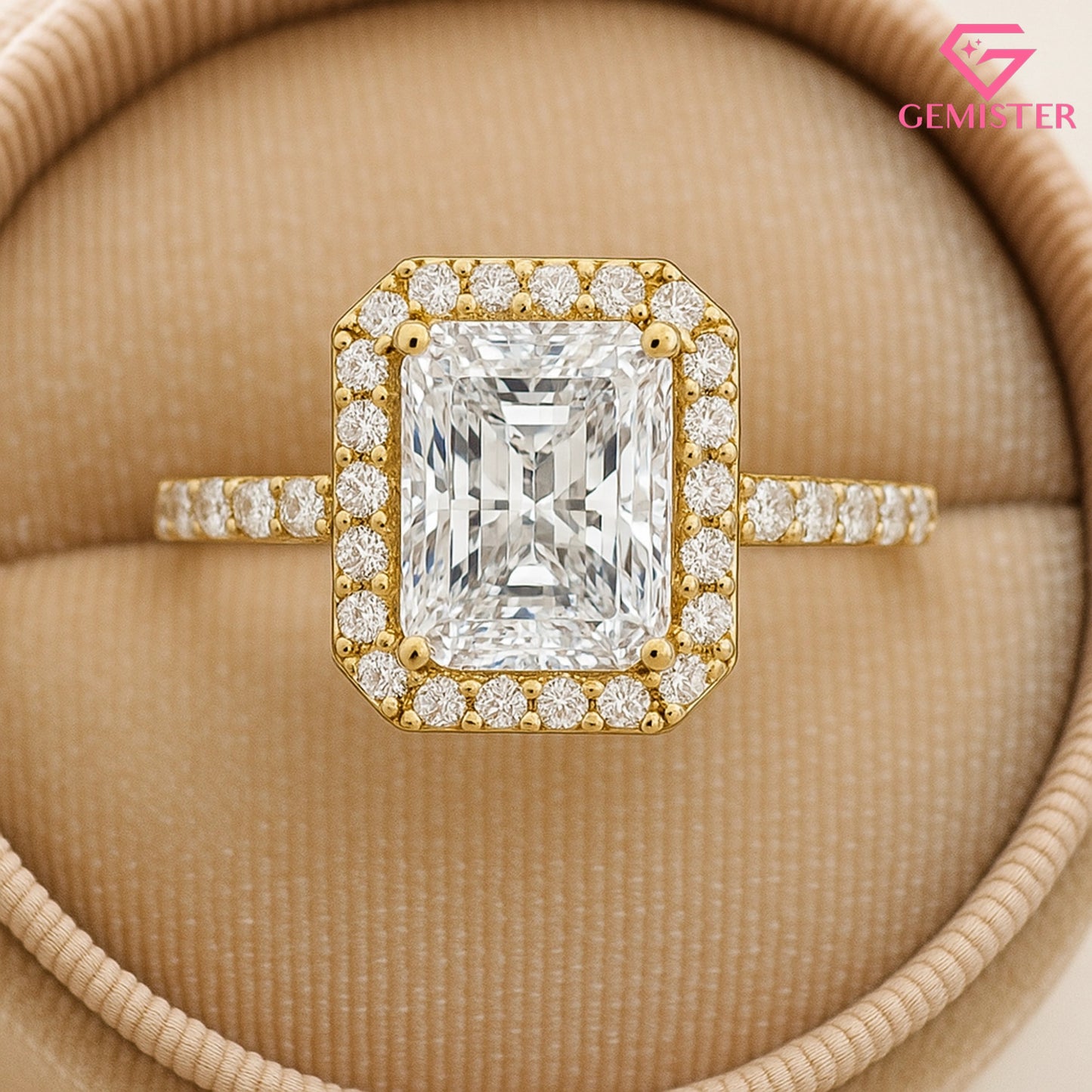 Elegant 2.15 CT Radiant Cut Moissanite Halo Ring – Gold Pave Band, Modern Bridal Jewelry