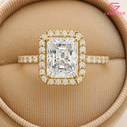 Elegant 2.15 CT Radiant Cut Moissanite Halo Ring – Gold Pave Band, Modern Bridal Jewelry