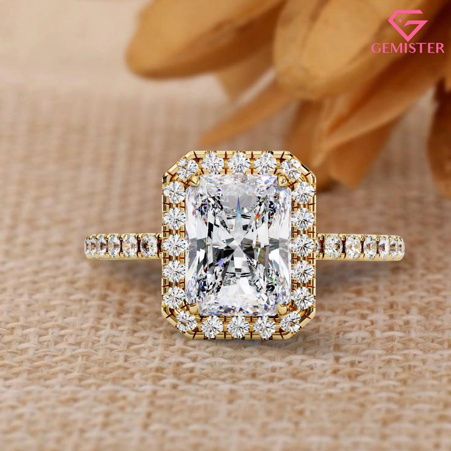 Elegant 2.15 CT Radiant Cut Moissanite Halo Ring – Gold Pave Band, Modern Bridal Jewelry