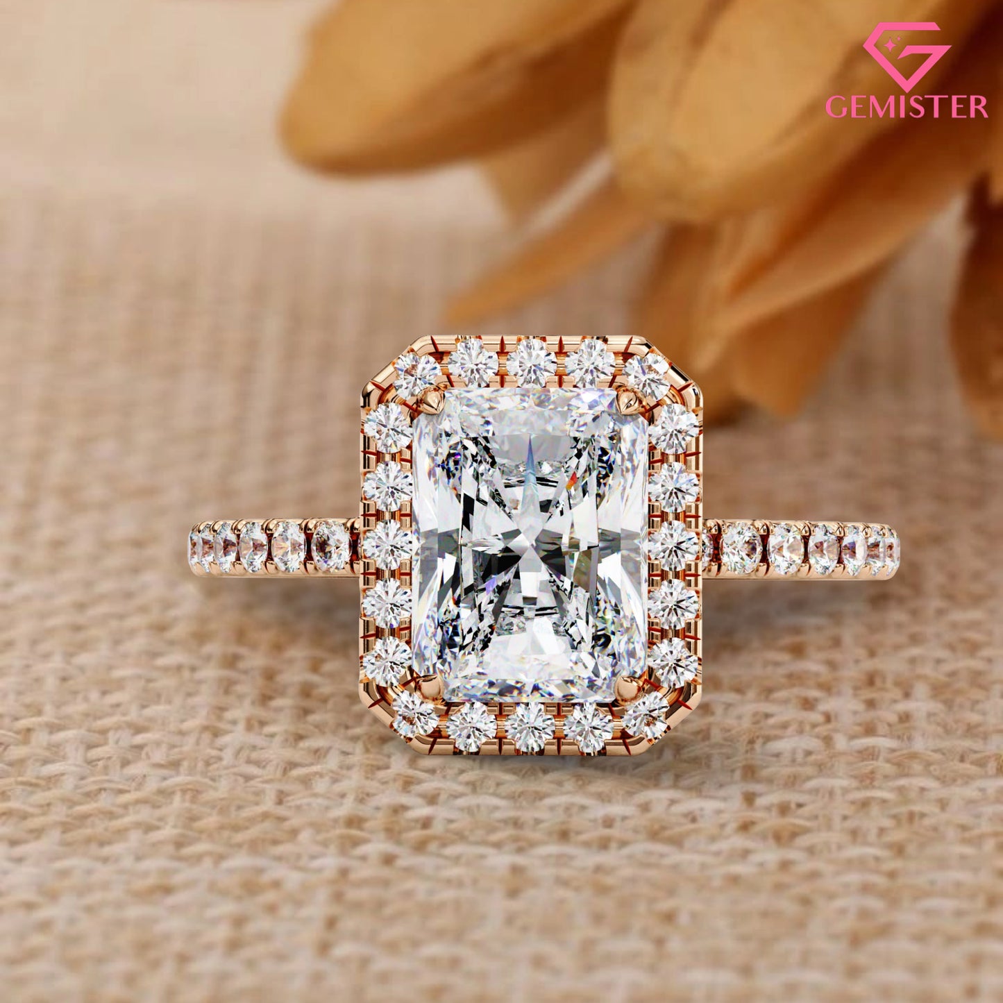 Elegant 2.15 CT Radiant Cut Moissanite Halo Ring – Gold Pave Band, Modern Bridal Jewelry