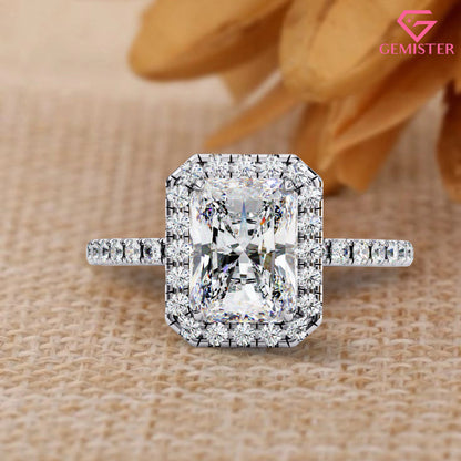 Elegant 2.15 CT Radiant Cut Moissanite Halo Ring – Gold Pave Band, Modern Bridal Jewelry