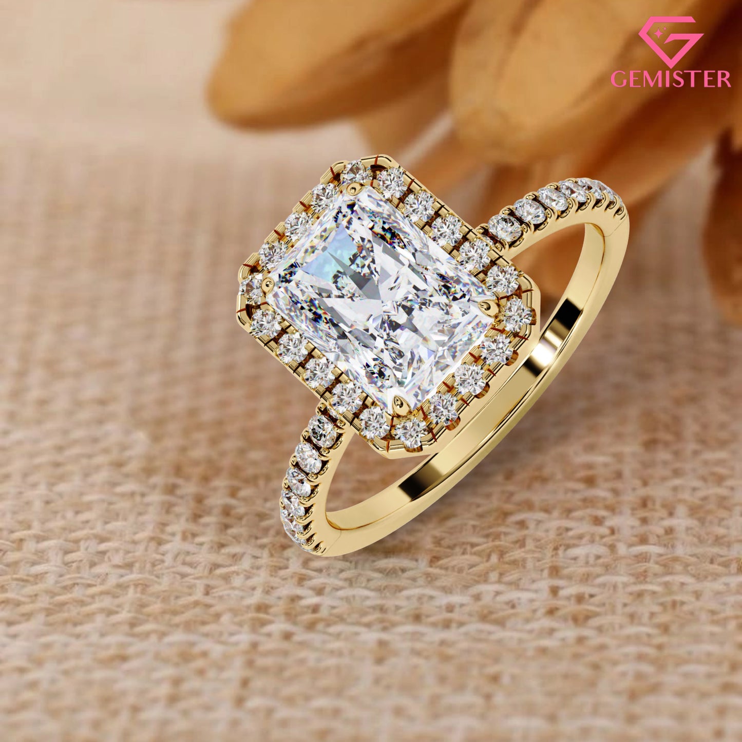 Elegant 2.15 CT Radiant Cut Moissanite Halo Ring – Gold Pave Band, Modern Bridal Jewelry
