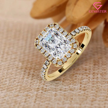 Elegant 2.15 CT Radiant Cut Moissanite Halo Ring – Gold Pave Band, Modern Bridal Jewelry
