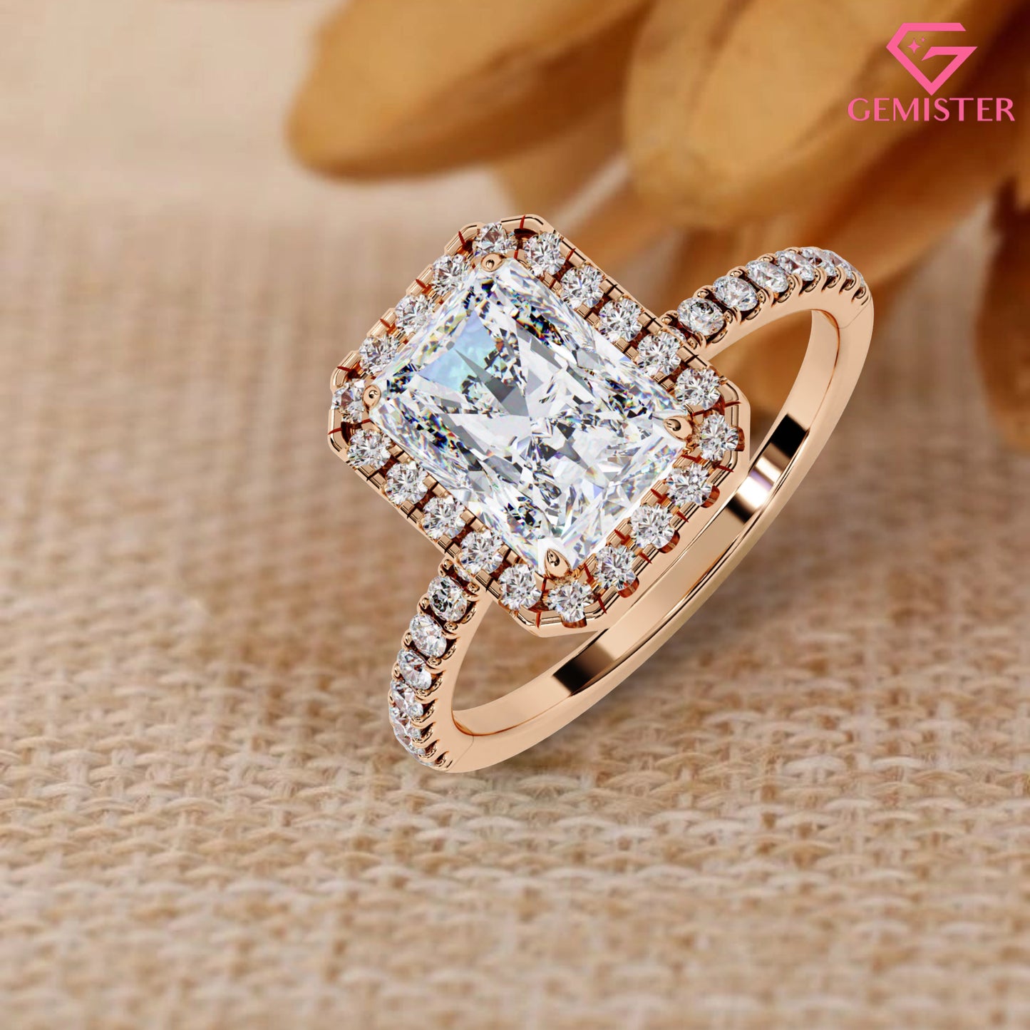 Elegant 2.15 CT Radiant Cut Moissanite Halo Ring – Gold Pave Band, Modern Bridal Jewelry