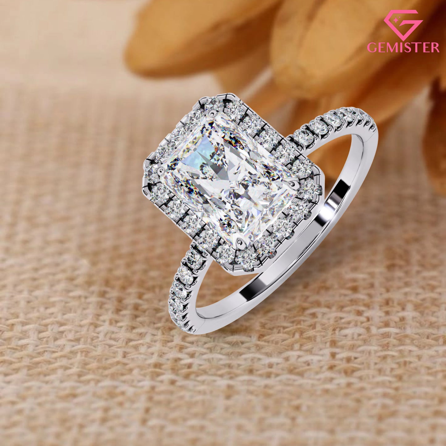 Elegant 2.15 CT Radiant Cut Moissanite Halo Ring – Gold Pave Band, Modern Bridal Jewelry