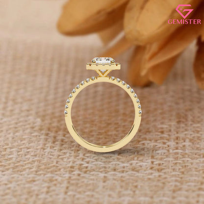 Elegant 2.15 CT Radiant Cut Moissanite Halo Ring – Gold Pave Band, Modern Bridal Jewelry