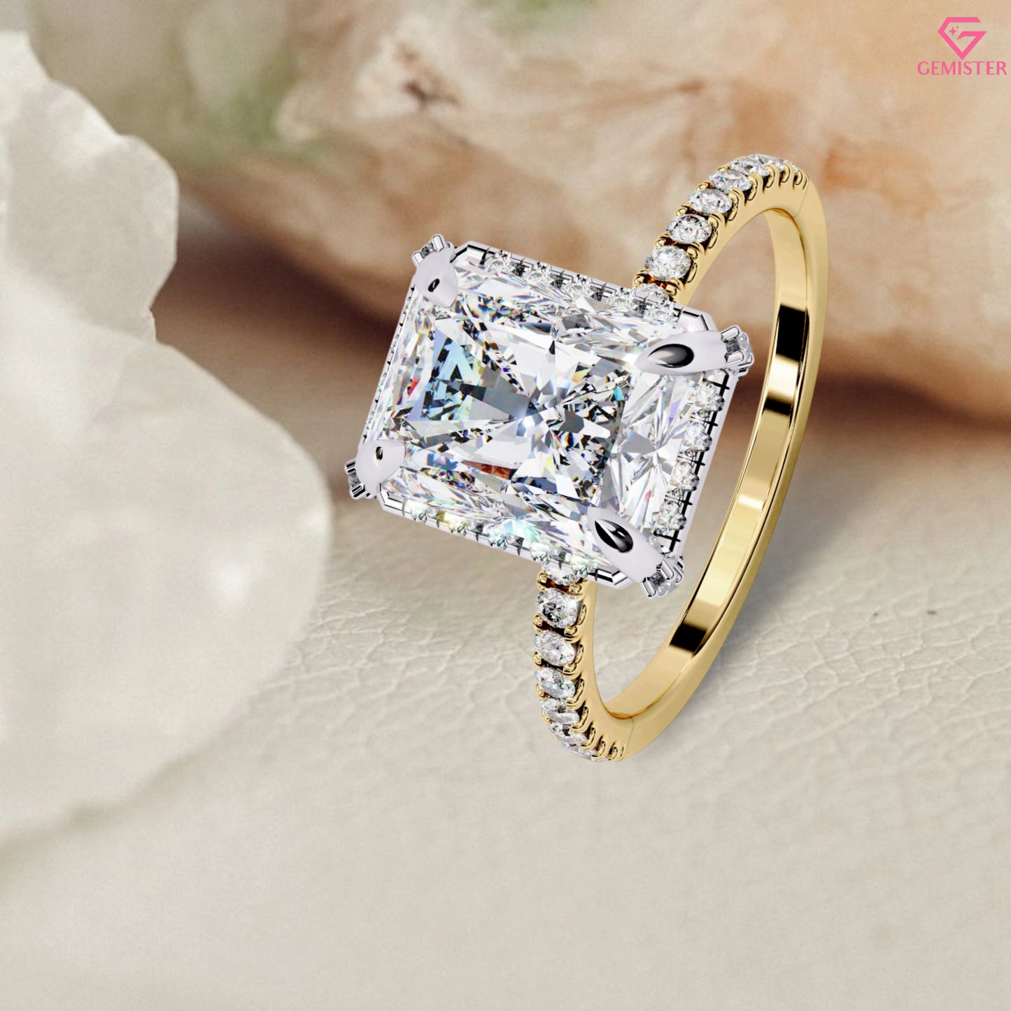 3.38 CT Radiant Cut Moissanite Engagement Ring – 14K Yellow Gold with Diamond Accent Band