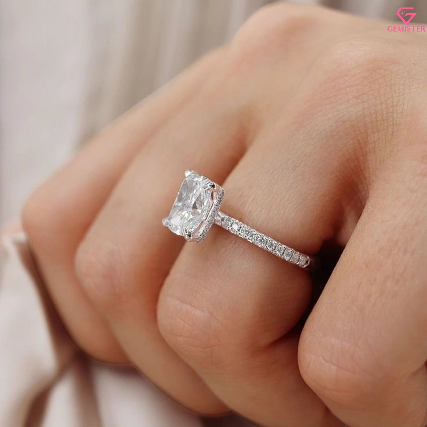 3.38 CT Radiant Cut Moissanite Engagement Ring – 14K Yellow Gold with Diamond Accent Band