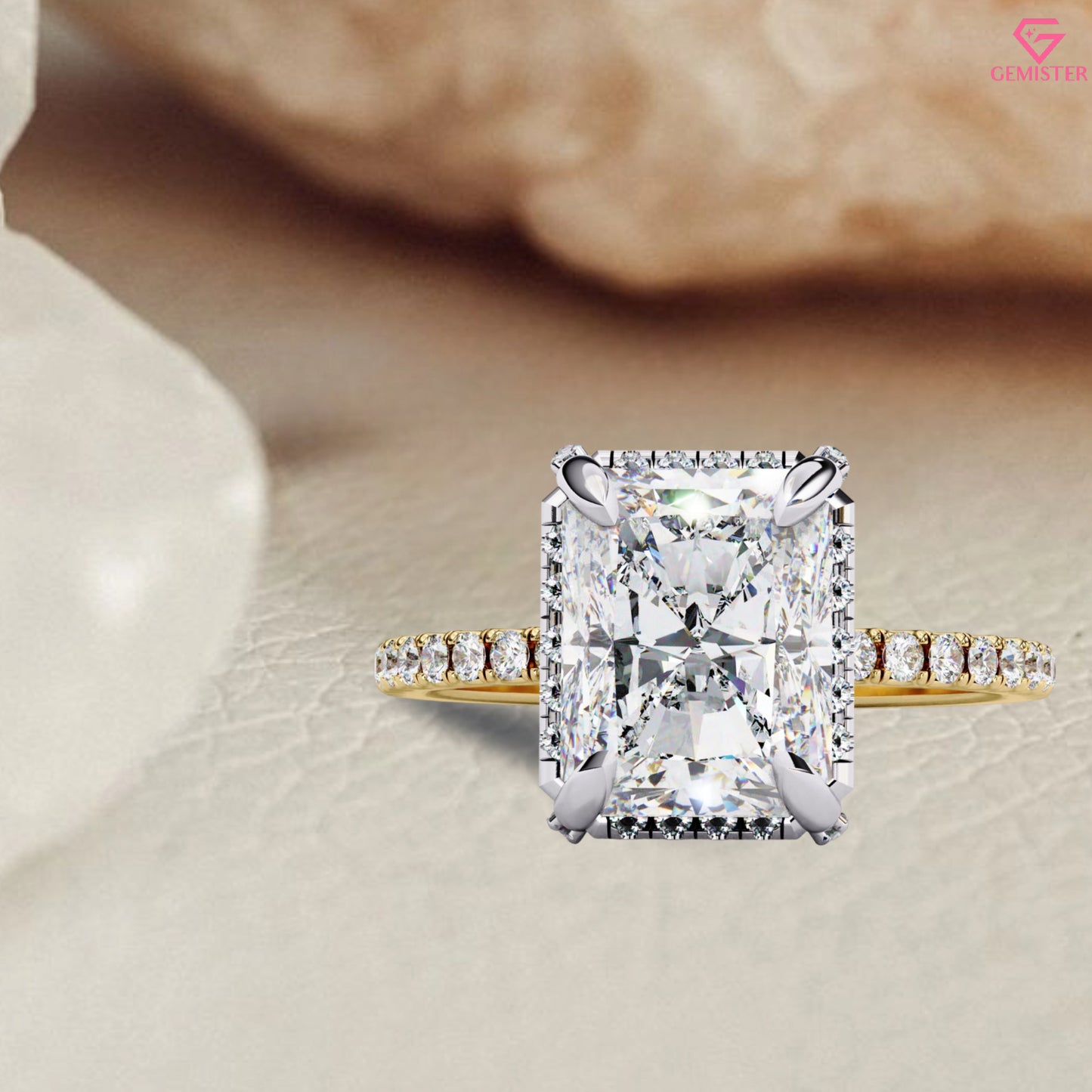 3.38 CT Radiant Cut Moissanite Engagement Ring – 14K Yellow Gold with Diamond Accent Band