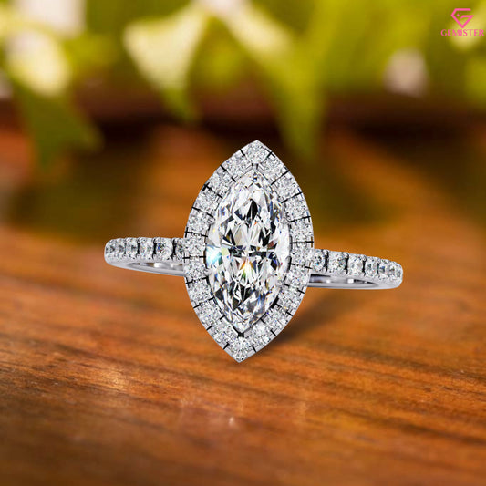 1.17 CT Marquise Cut Moissanite Halo Engagement Ring with Diamond Accents