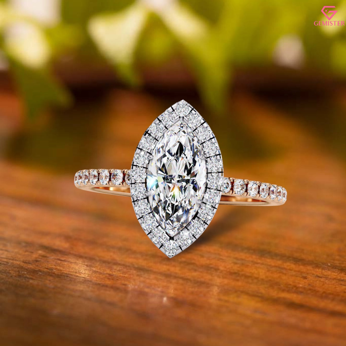 1.17 CT Marquise Cut Lab Grown Diamond Halo Engagement Ring with Diamond Accents