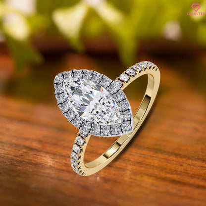 1.17 CT Marquise Cut Lab Grown Diamond Halo Engagement Ring with Diamond Accents