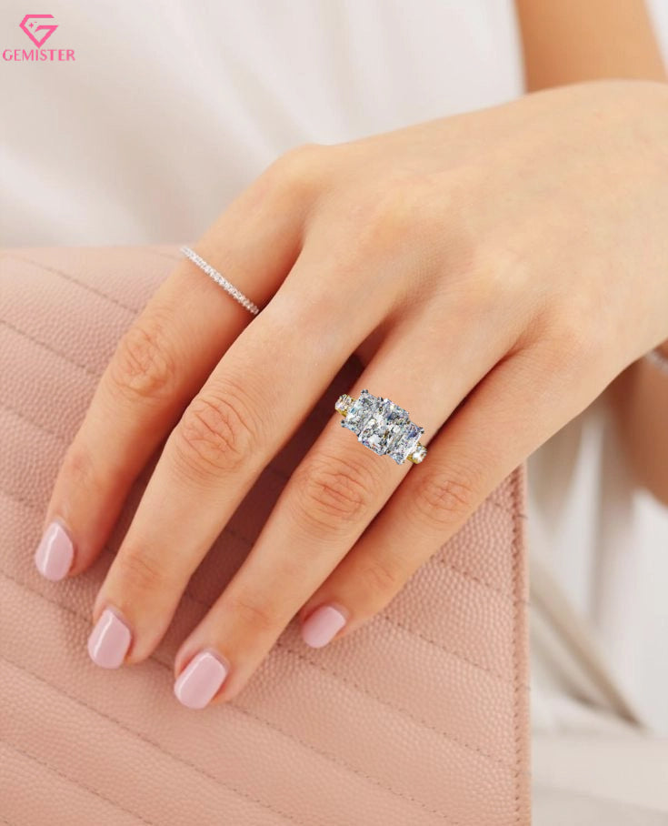 3.00 CT Radiant Cut Three Stone Lab Grown Diamond Engagement Ring with Side Accents – Elegant Bridal Jewelry