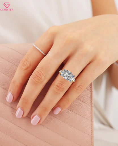 3.00 CT Radiant Cut Three Stone Lab Grown Diamond Engagement Ring with Side Accents – Elegant Bridal Jewelry