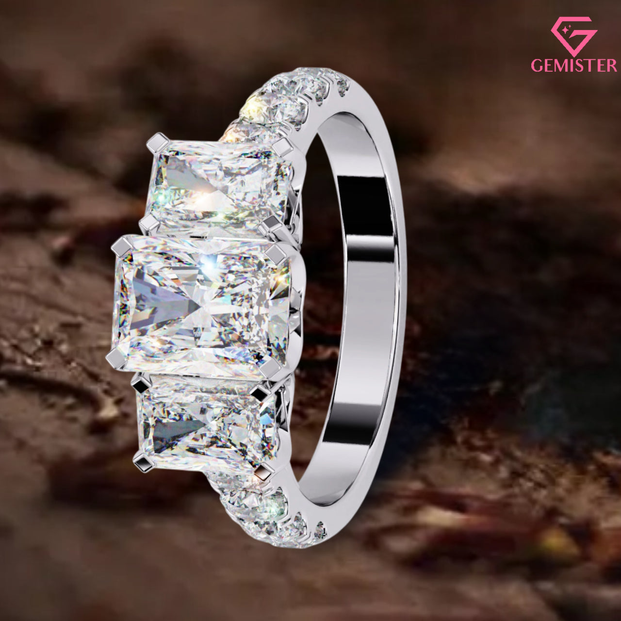 3.00 CT Radiant Cut Three Stone Lab Grown Diamond Engagement Ring with Side Accents – Elegant Bridal Jewelry