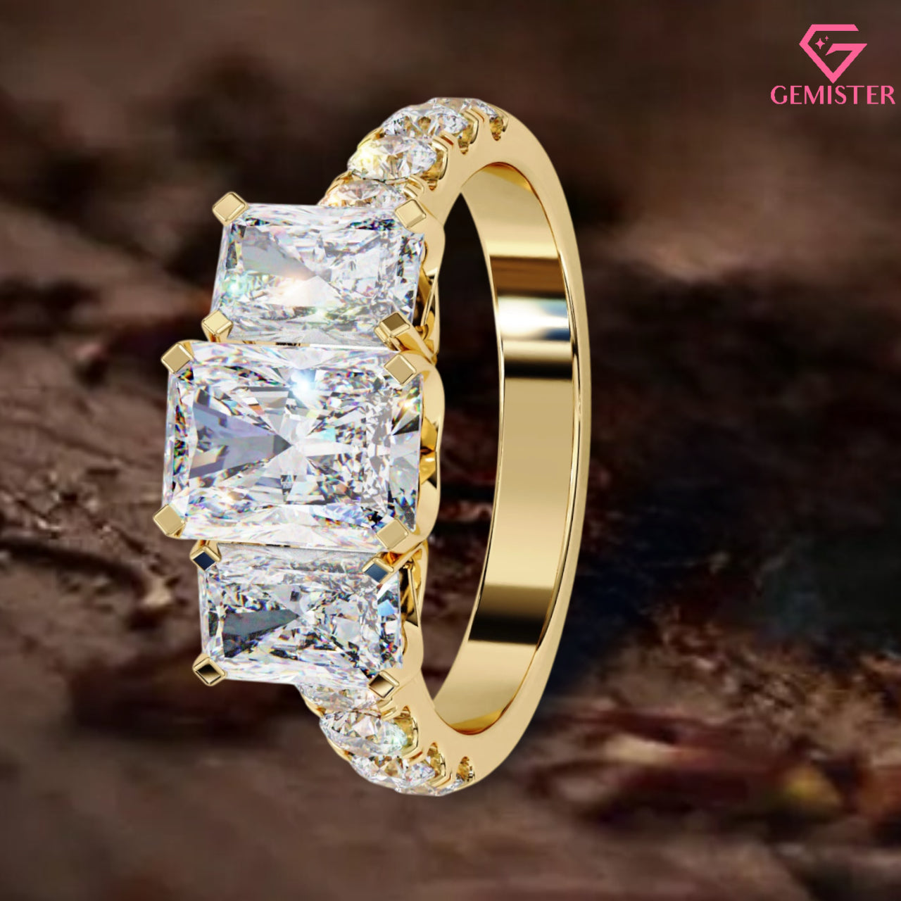 3.00 CT Radiant Cut Three Stone Lab Grown Diamond Engagement Ring with Side Accents – Elegant Bridal Jewelry