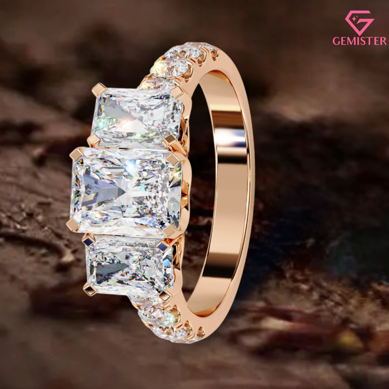 3.00 CT Radiant Cut Three Stone Lab Grown Diamond Engagement Ring with Side Accents – Elegant Bridal Jewelry