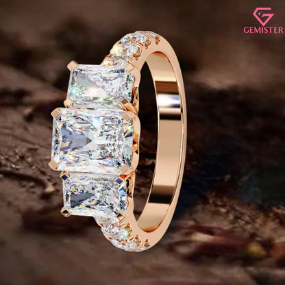 3.00 CT Radiant Cut Three Stone Lab Grown Diamond Engagement Ring with Side Accents – Elegant Bridal Jewelry
