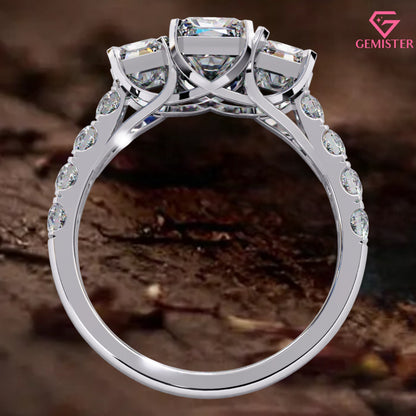 3.00 CT Radiant Cut Three Stone Lab Grown Diamond Engagement Ring with Side Accents – Elegant Bridal Jewelry