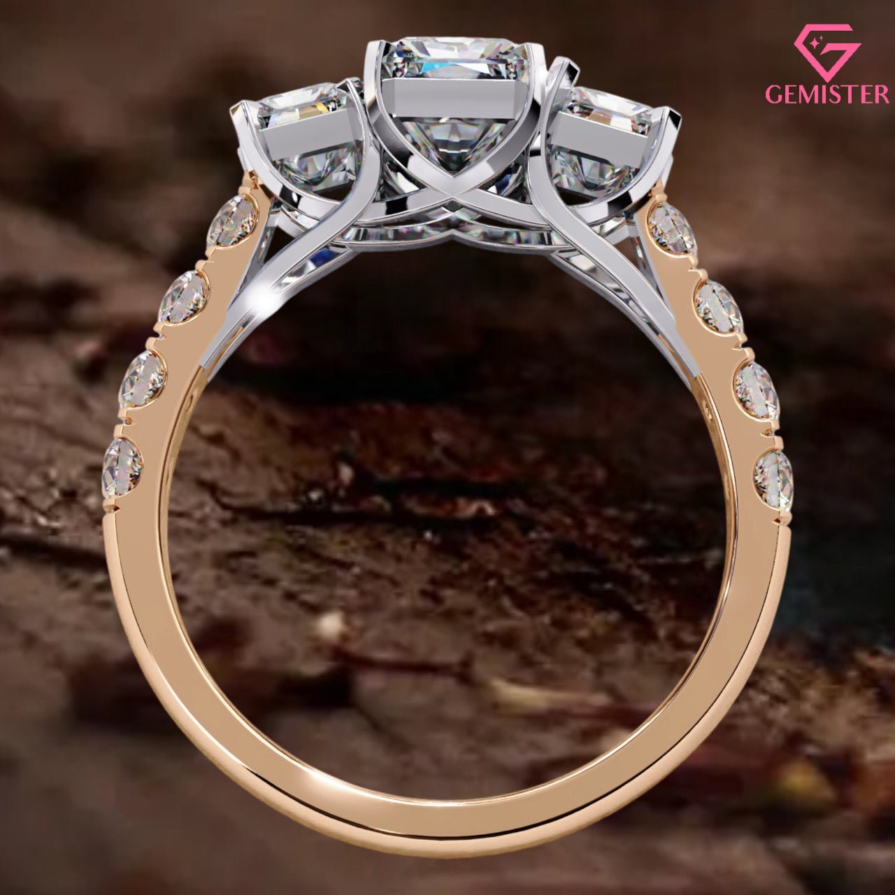 3.00 CT Radiant Cut Three Stone Lab Grown Diamond Engagement Ring with Side Accents – Elegant Bridal Jewelry