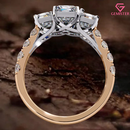 3.00 CT Radiant Cut Three Stone Lab Grown Diamond Engagement Ring with Side Accents – Elegant Bridal Jewelry
