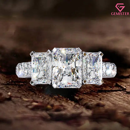 3.00 CT Radiant Cut Three Stone Lab Grown Diamond Engagement Ring with Side Accents – Elegant Bridal Jewelry