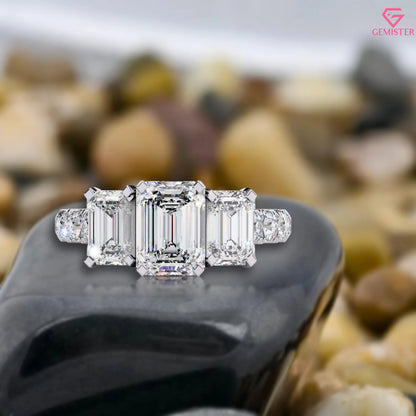3.00 CT Emerald Cut Three Stone Lab Grown Diamond Engagement Ring with Side Accents – Classic Bridal Jewelry