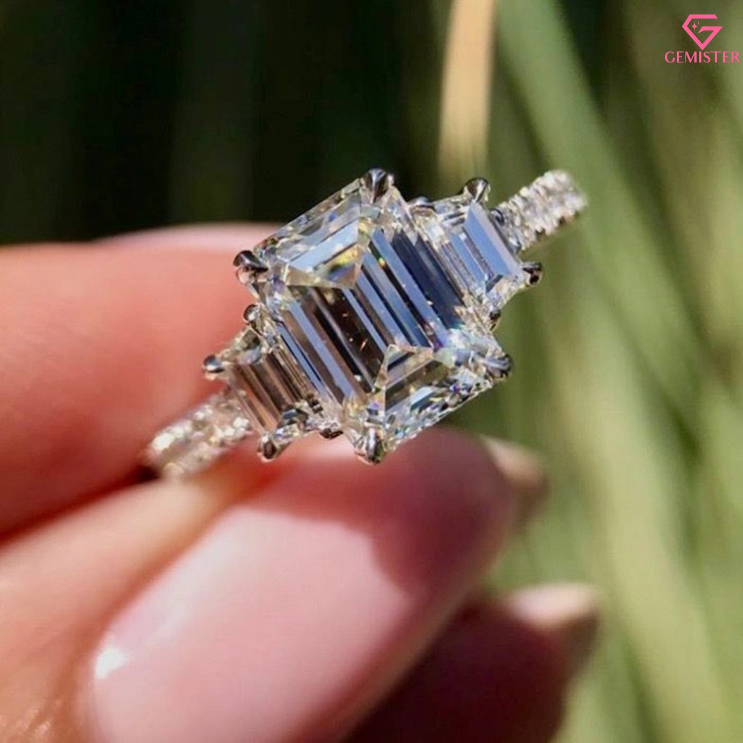 3.00 CT Emerald Cut Three Stone Lab Grown Diamond Engagement Ring with Side Accents – Classic Bridal Jewelry