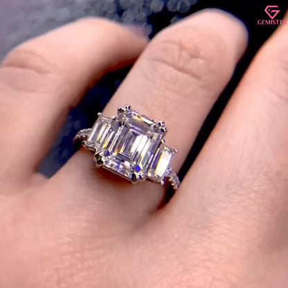 3.00 CT Emerald Cut Three Stone Lab Grown Diamond Engagement Ring with Side Accents – Classic Bridal Jewelry